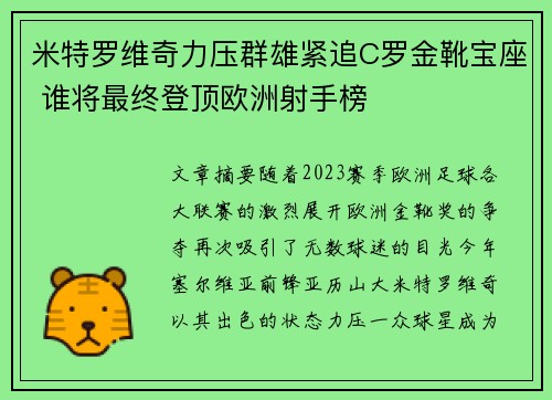 米特罗维奇力压群雄紧追C罗金靴宝座 谁将最终登顶欧洲射手榜